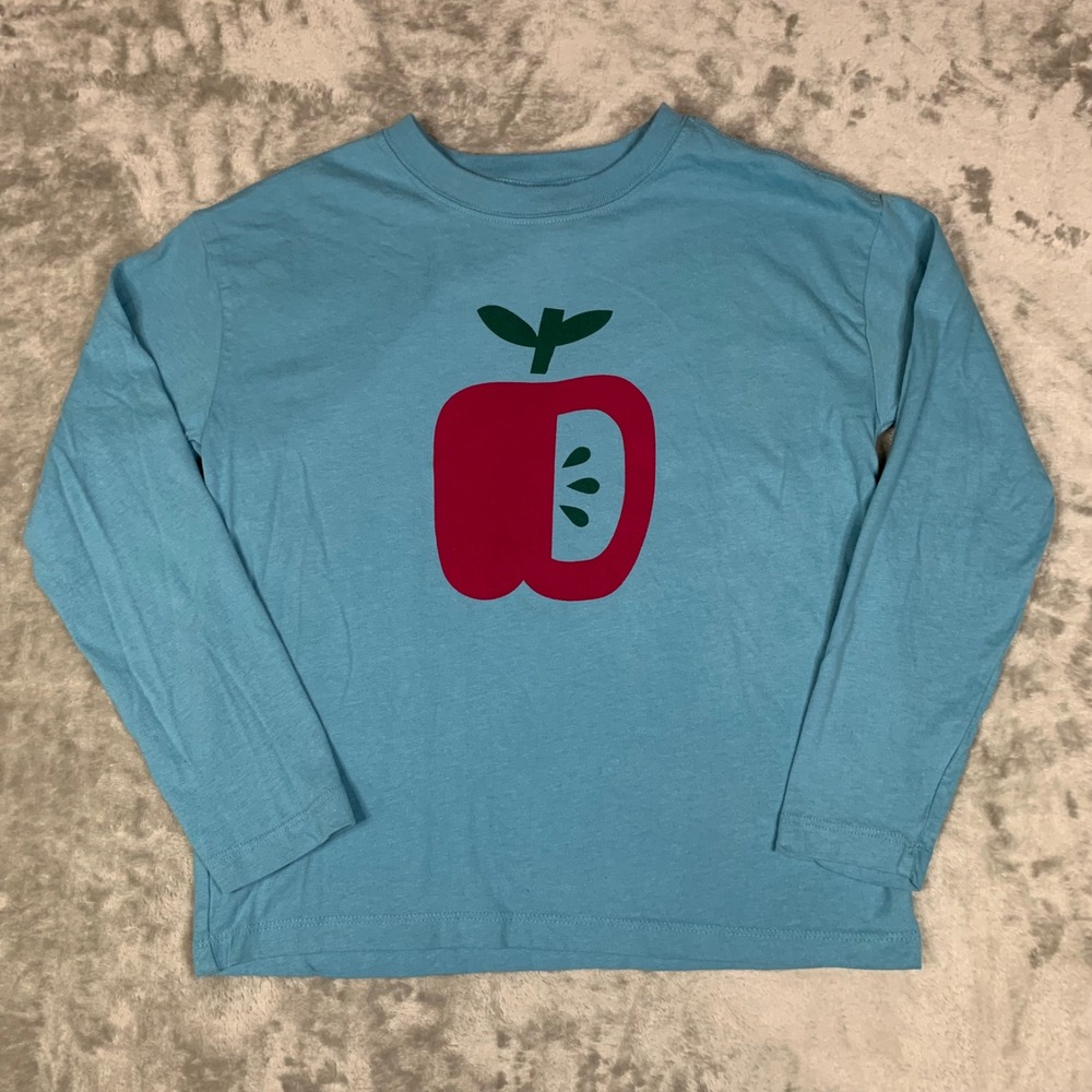 Hanna Andersson Kids Blue Apple Graphic Long Sleeve Relaxed T-Shirt Girls Size 8